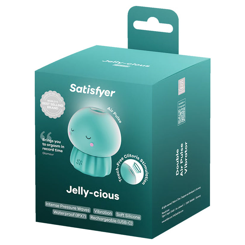 Satisfyer Jelly-cious Green Vibrator box packaging showcases its playful design and features like waterproof and rechargeable.