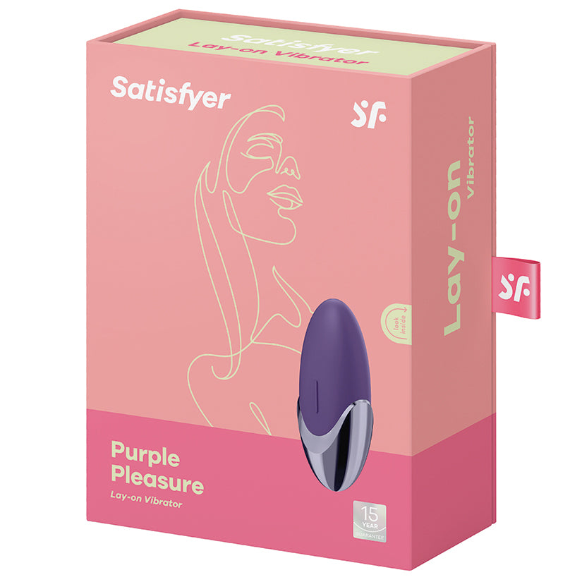 Satisfyer Purple Pleasure Lay-on Vibrator packaging showcasing its design and features.
