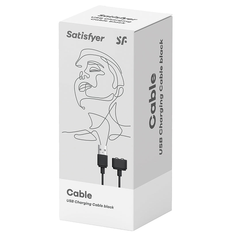 Satisfyer Magnetic USB Charging Cable Black packaging displaying the universal charging solution for Satisfyer toys.