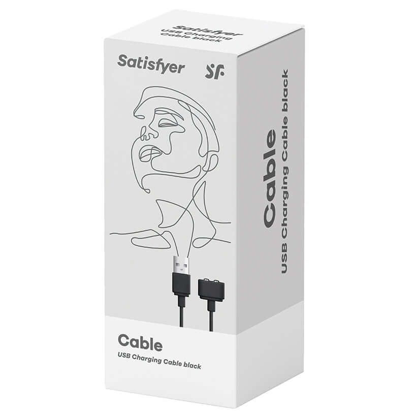 Satisfyer Magnetic USB Charging Cable Black packaging displaying the universal charging solution for Satisfyer toys.