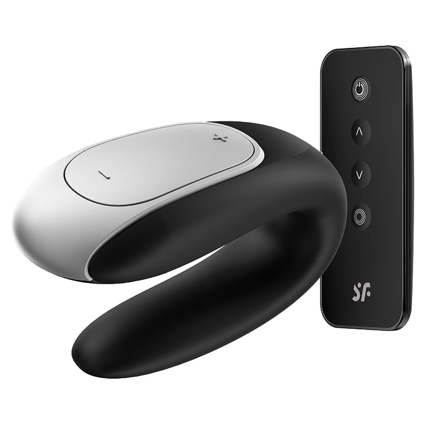 Satisfyer Double Fun Couples Vibrator Black showing the U-shaped design and remote control for enhanced pleasure.
