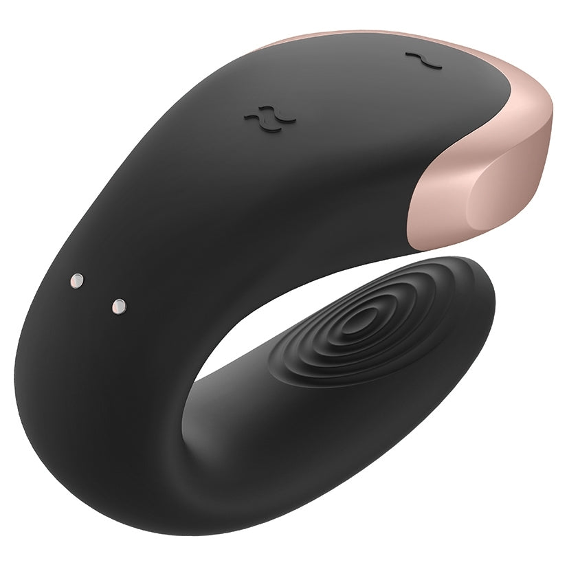 Satisfyer Double Love Couples Vibrator Black showcases a sleek design with soft silicone and dual motors for shared pleasure.