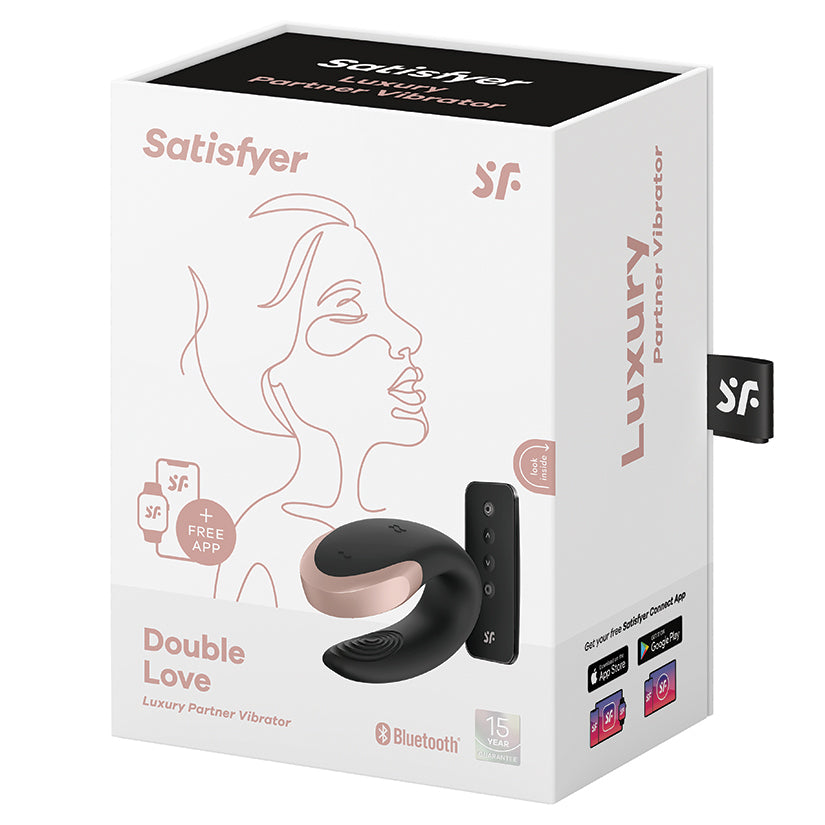 Satisfyer Double Love Couples Vibrator Black packaging with luxury design and Bluetooth app compatibility.