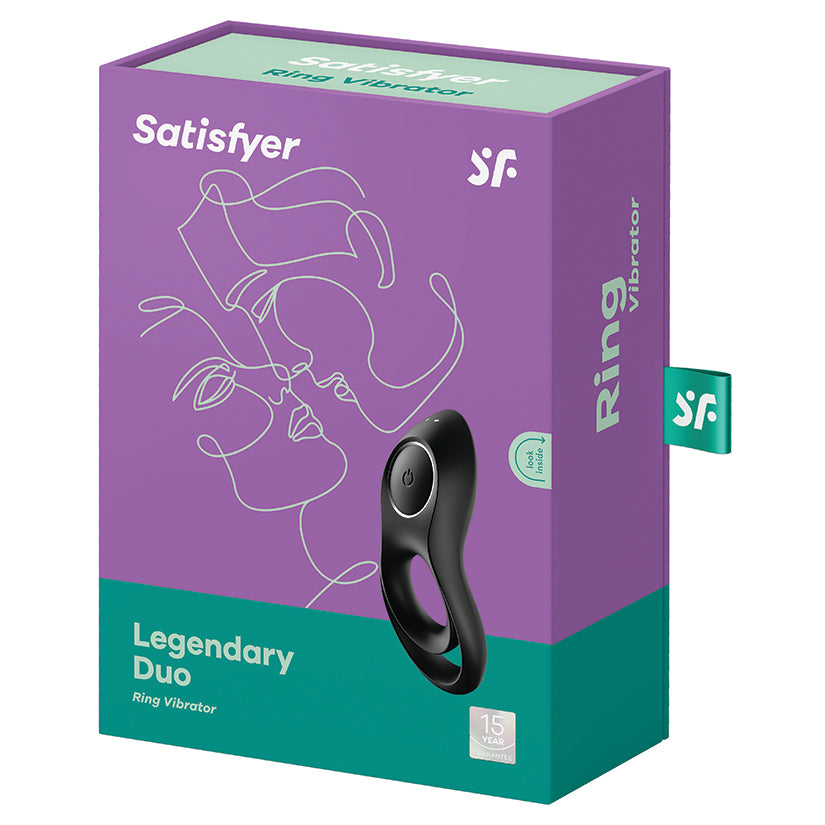 Satisfyer Legendary Duo Vibrating Cock Ring packaging with sleek design for enhanced intimate experiences.