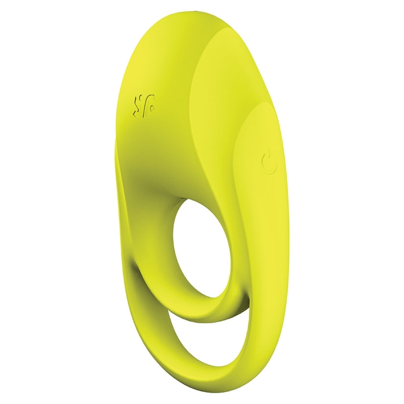 Satisfyer Spectacular Duo Vibrating Cock Ring in vibrant yellow with dual stretchy loops for couples' pleasure.
