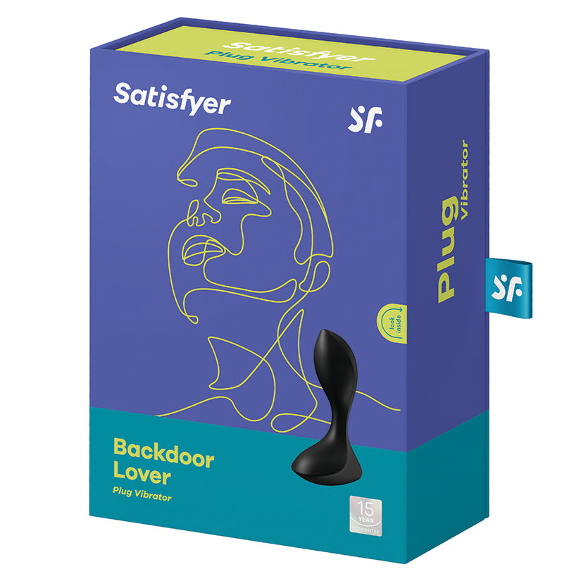 Satisfyer Backdoor Lover Vibrating Anal Plug Black packaging displaying design and product features.
