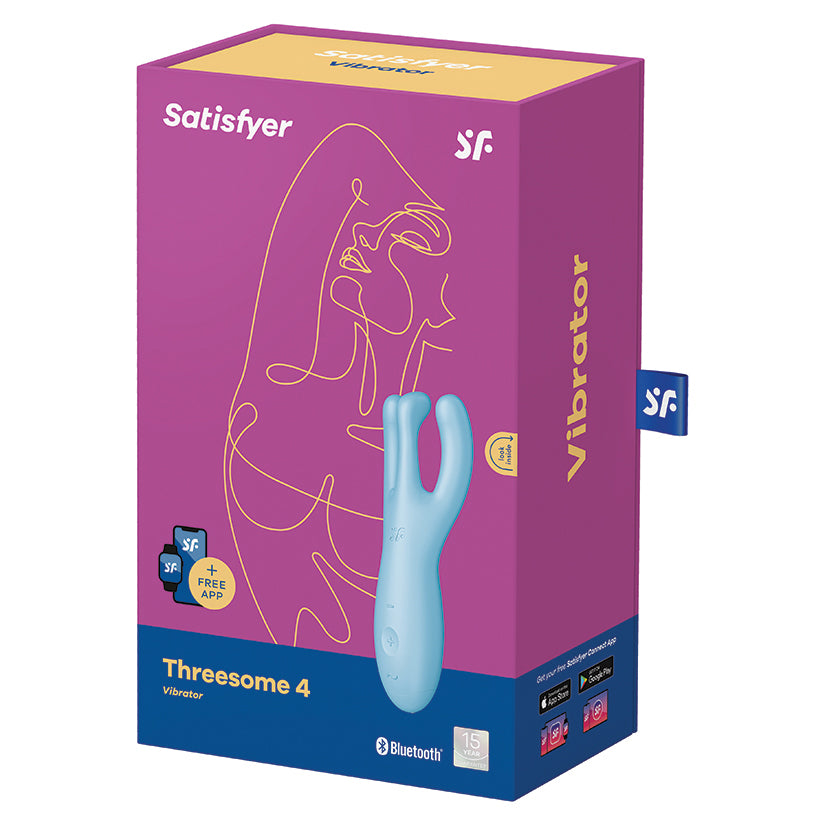 Satisfyer Threesome 4 App Controlled Vibrator Blue packaging with app connectivity and features highlighted.