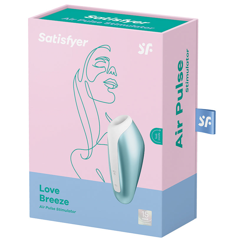 Satisfyer Love Breeze Air Pulse Stimulator Ice Blue packaging with a soft color design and product details.