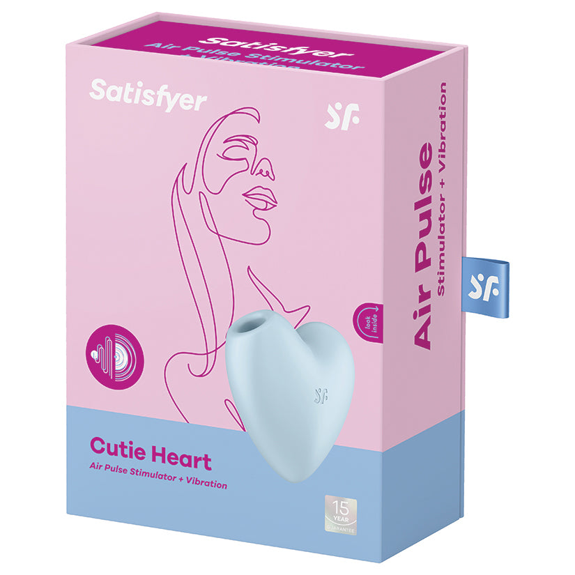 Satisfyer Cutie Heart Air Pulse Vibrator Blue packaging featuring playful heart design and air pulse technology.