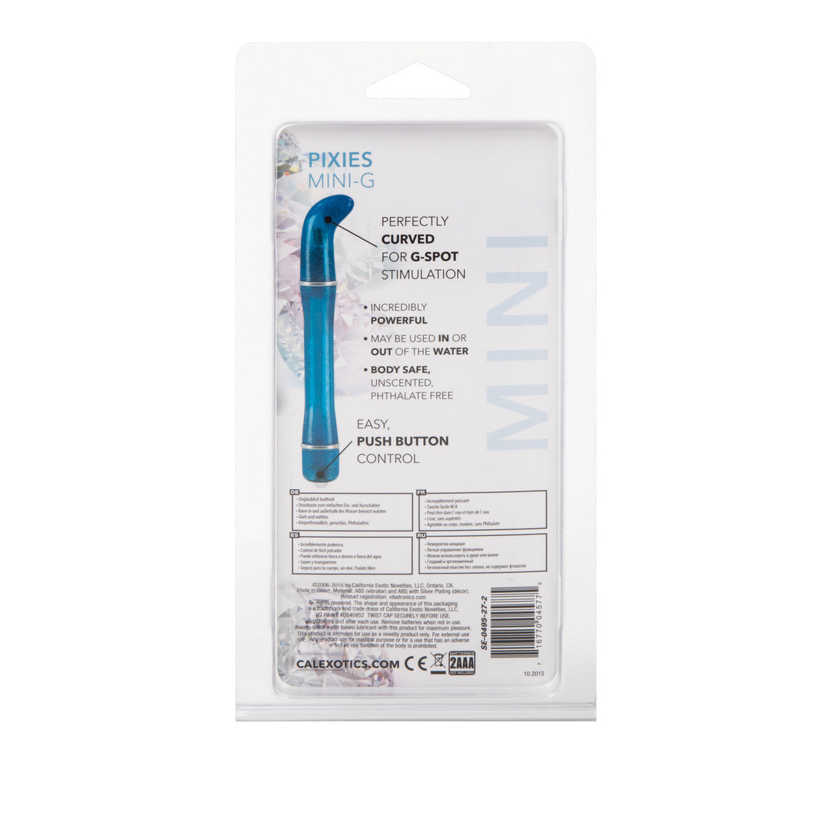 Pixies Mini G Pinpoint G-Spot Vibrator Blue Waterproof packaging featuring detailed product information.