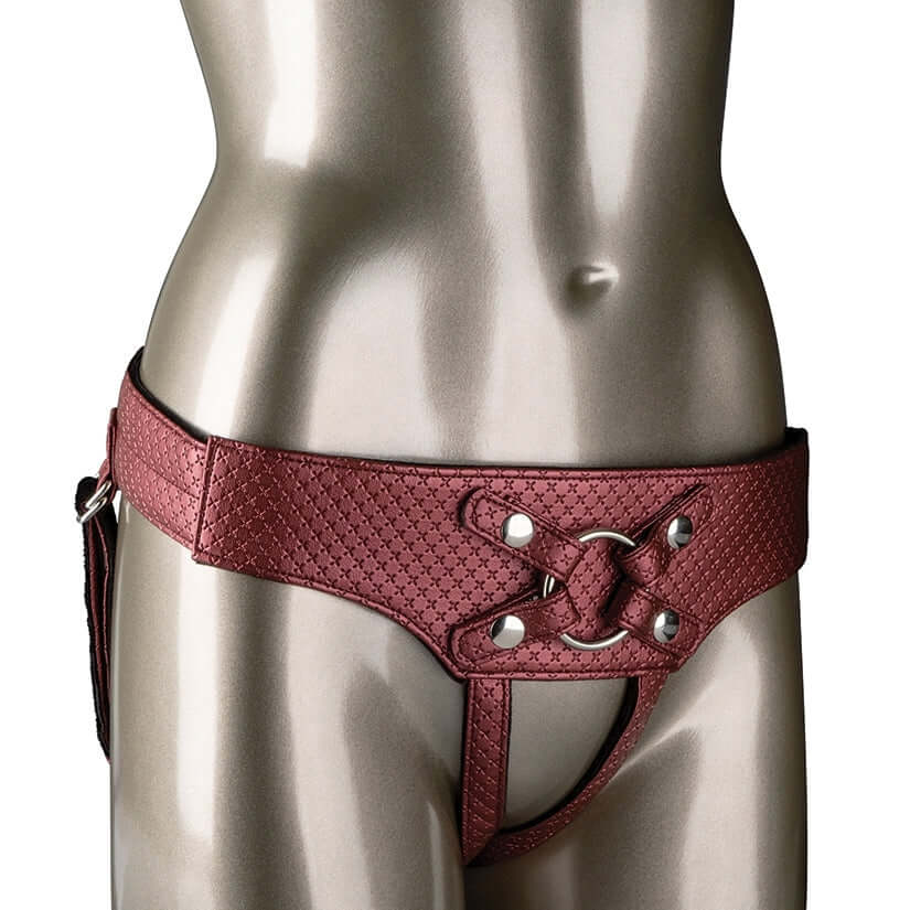 Her Royal Harness The Regal Empress Red displayed on a mannequin, showcasing its premium strap-on design and luxurious materials.
