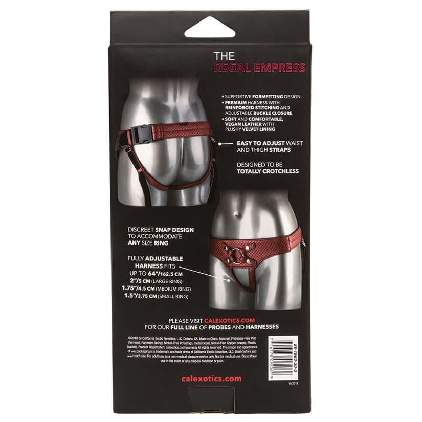 Her Royal Harness The Regal Empress Red back packaging showcasing adjustable design and premium materials.