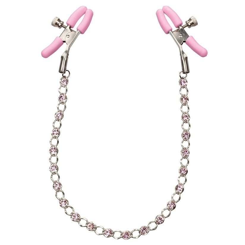 Nipple Play Crystal Chain Nipple Clamps Pink with adjustable pink clamps and crystal-accented chain for intimate play.
