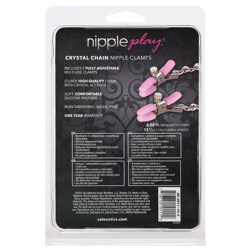 Nipple Play Crystal Chain Nipple Clamps Pink showcasing adjustable clamps and crystal accents for intimate pleasure.