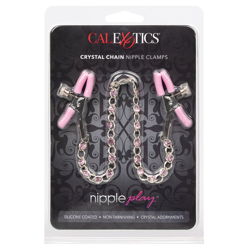 Nipple Play Crystal Chain Nipple Clamps Pink in packaging featuring silicone coated clamps and crystal chain.