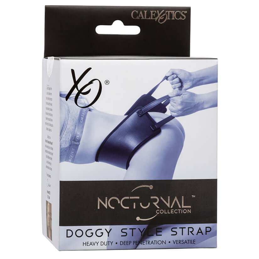 Nocturnal Collection Doggy Style Strap Black packaging with sturdy handles for intimacy positioning support.