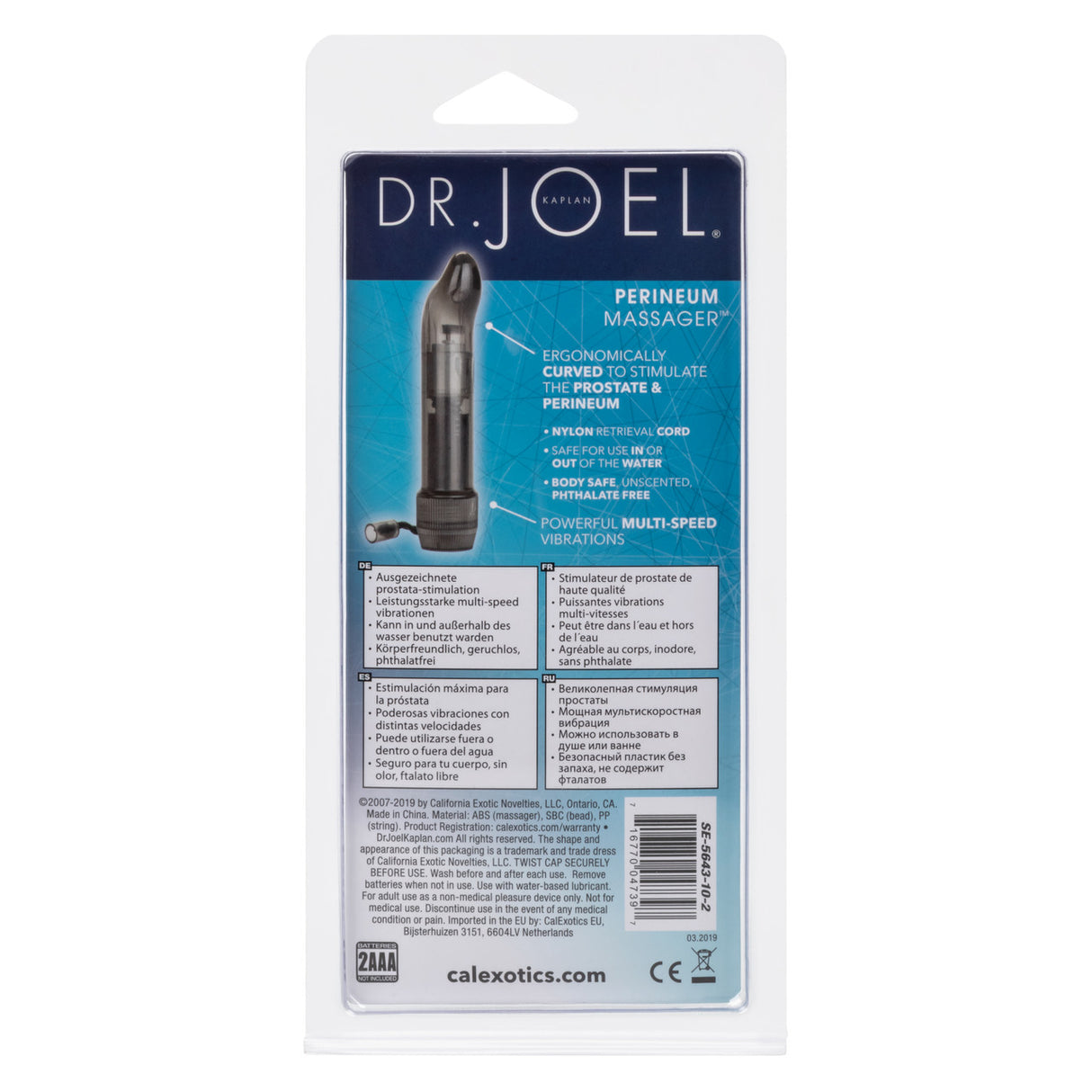 Dr Joel Kaplan Perineum Massager 4.5 Inch Vibrator packaging showcasing features and multi-speed settings.