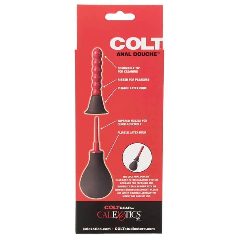 Colt Anal Douche packaging featuring cleaning system, dual attachments, and easy squeeze bulb.