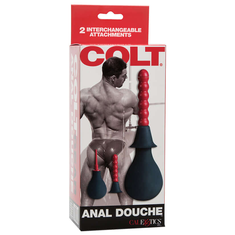 Colt Anal Douche packaging featuring dual attachments and a male figure on the box.
