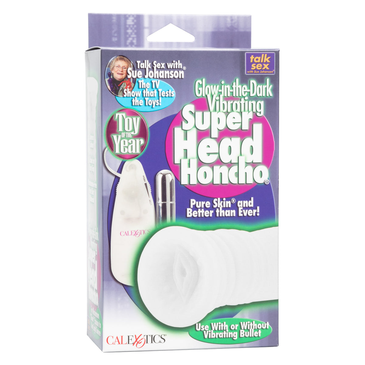 Sue Johanson Super Head Honcho White Glow In The Dark packaging showing toy design and features.
