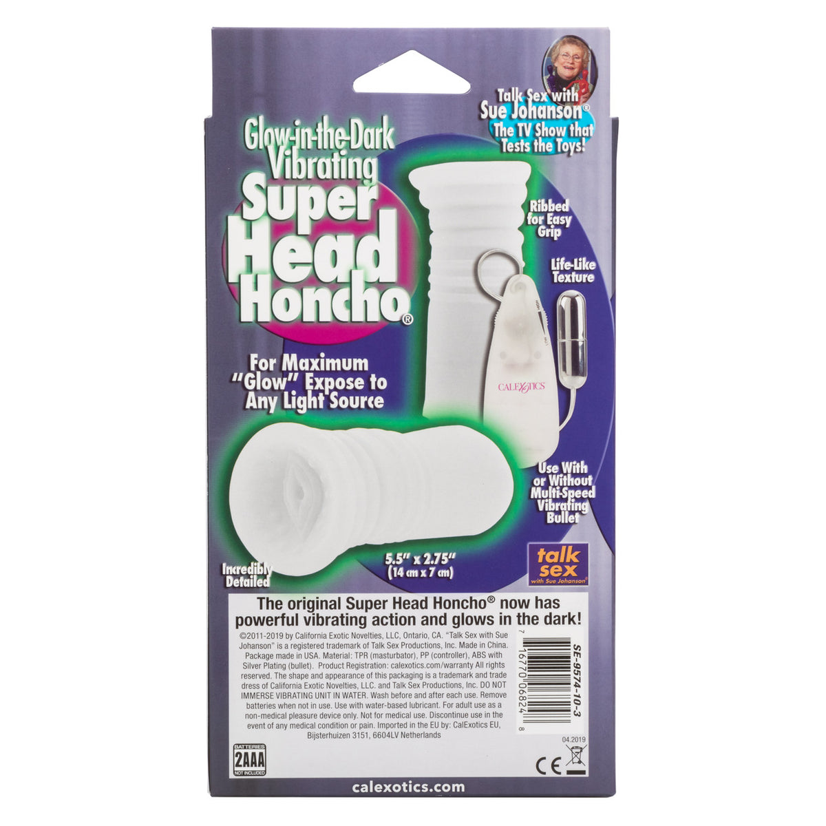 Sue Johanson Super Head Honcho White Glow In The Dark vibrating stroker package with instructions and features highlighted.