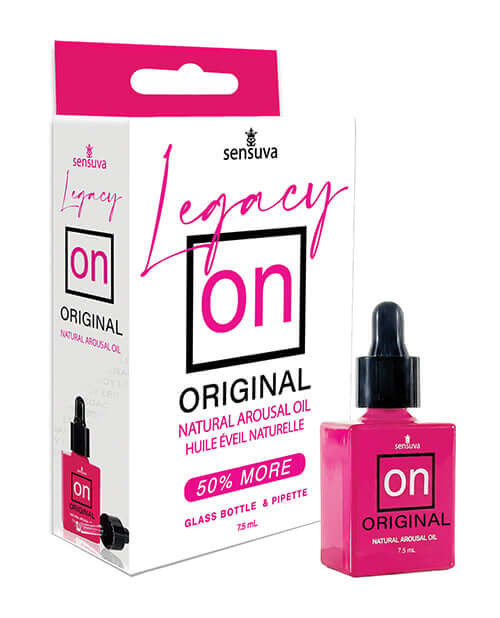 Sensuva ON Legacy Original Arousal Oil 7.5 ml in glass bottle with pipette and packaging design.