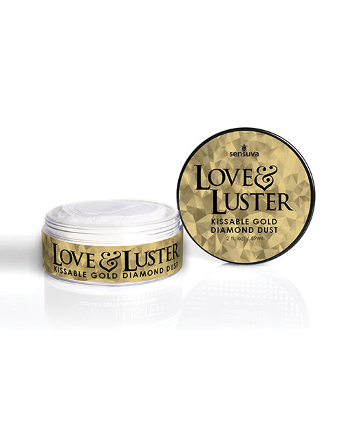 Sensuva Love & Luster Kissable Gold Diamond Dust Jar 2 oz showcasing its sparkling contents and elegant packaging.