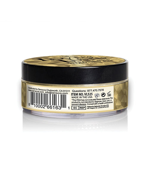 Sensuva Love & Luster Kissable Gold Diamond Dust Jar 2 oz with a gold and black design, showcasing its sparkling appearance.