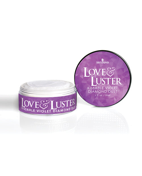 Sensuva Love & Luster Kissable Violet Diamond Dust 2 oz container showcasing its sparkling violet body dust.
