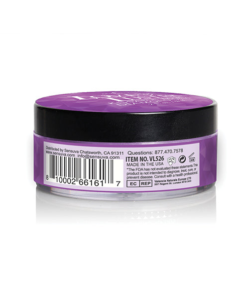 Sensuva Love & Luster Kissable Violet Diamond Dust 2 oz container with purple lid and product details.