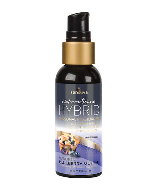 Sensuva Hybrid Personal Moisturizer Blueberry Muffin 1.93 Oz in a sleek bottle with pump, showcasing hydration and flavor.