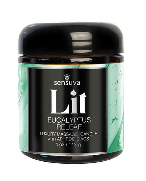 Sensuva Lit Eucalyptus Luxury Massage Candle 4 Oz in a black container with green swirls for relaxation and skin nourishment.