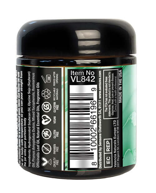 Sensuva Lit Eucalyptus Luxury Massage Candle 4 Oz packaging showing ingredients and product details on jar.