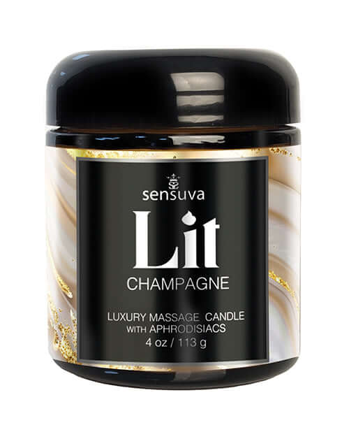 Sensuva Lit Champagne Luxury Massage Candle 4 Oz with elegant design and aphrodisiacs for a luxurious massage experience.