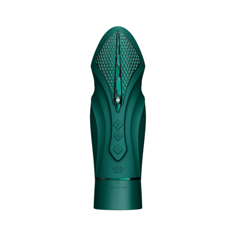 ZALO Sesh Compact Sex Machine in Turquoise Green with PowerThrust technology, featuring telescopic range and vibrating massage sticks.