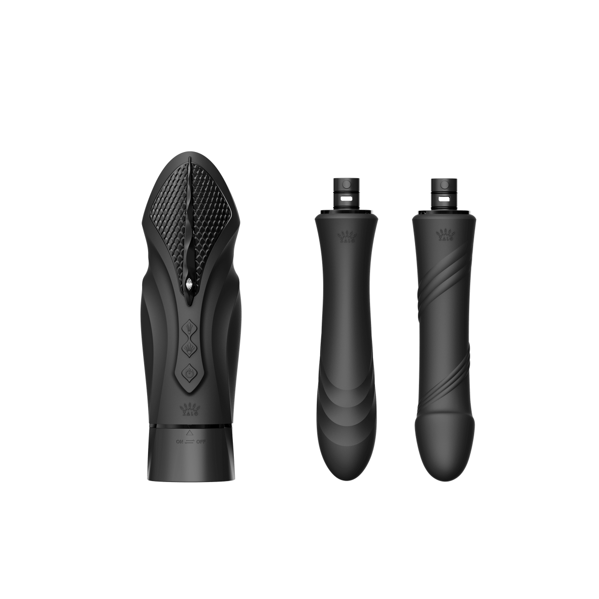 ZALO Sesh Compact Sex Machine in Obsidian Black with two replaceable vibrating massage sticks featuring PowerThrust technology.