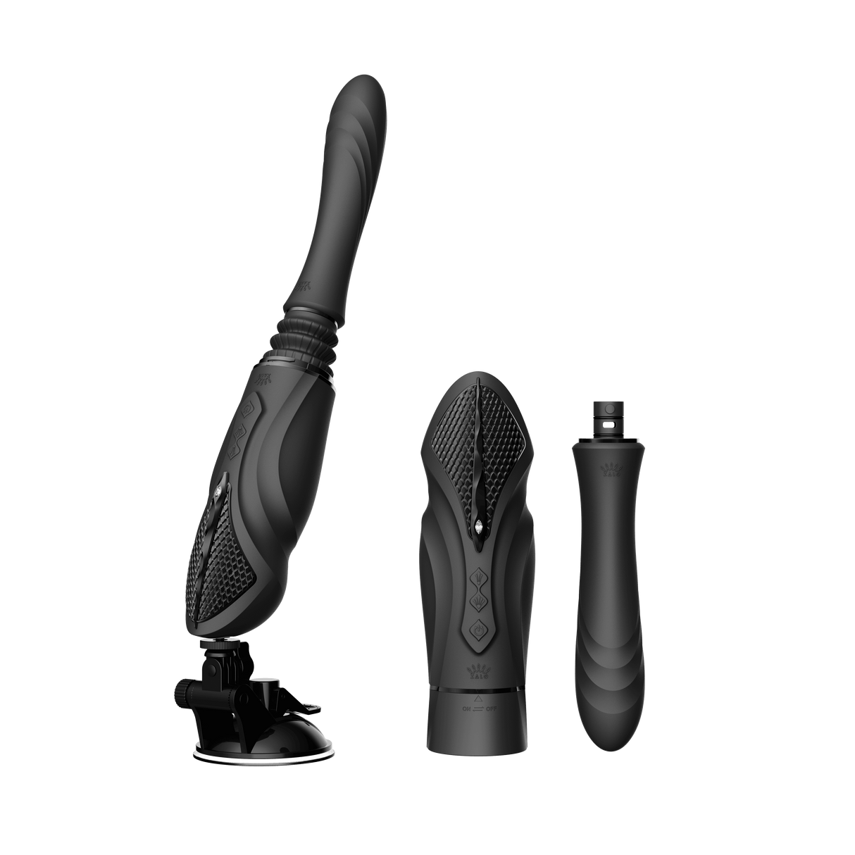 ZALO Sesh Compact Sex Machine in Obsidian Black with PowerThrust technology and vibrating massage sticks.