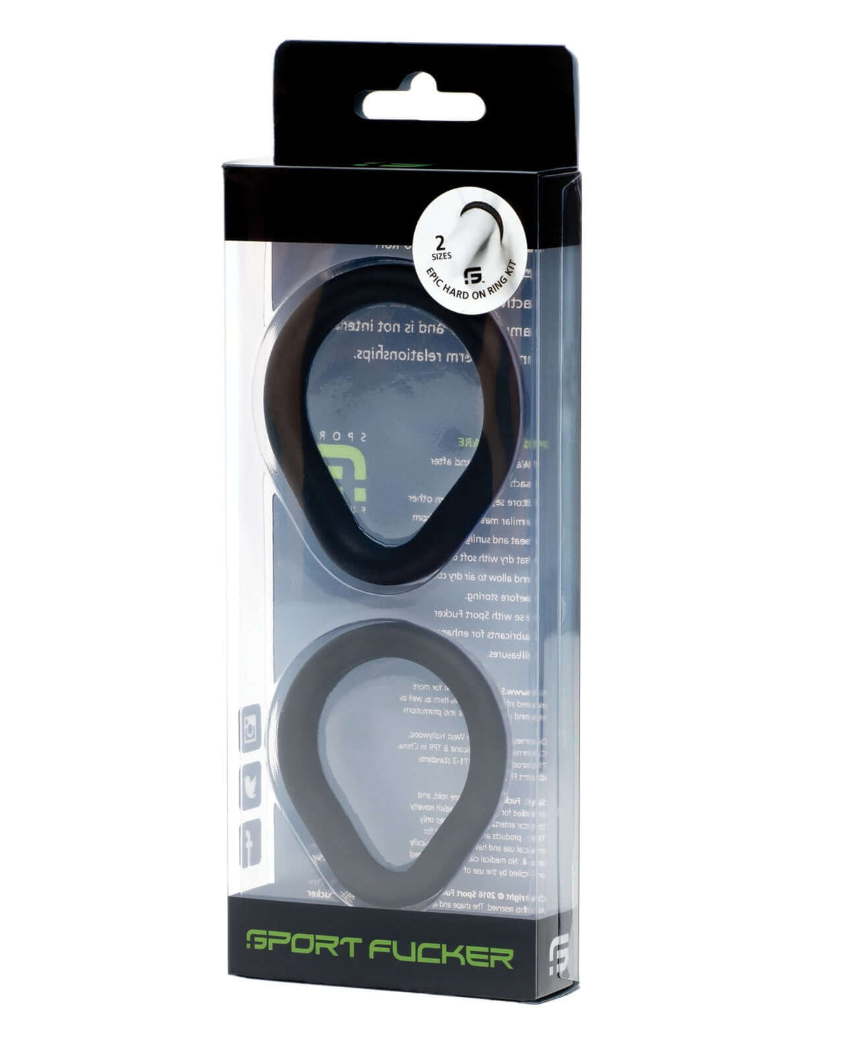Sport Fucker Epic Hard On Cock Ring Kit Black packaging, featuring two silicone rings for enhanced performance.