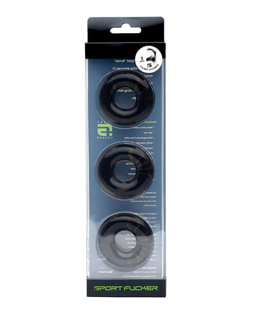 Sport Fucker Chubby Cockring Pack of 3 Smoke featuring three comfortable, stretchy cock rings in packaging.