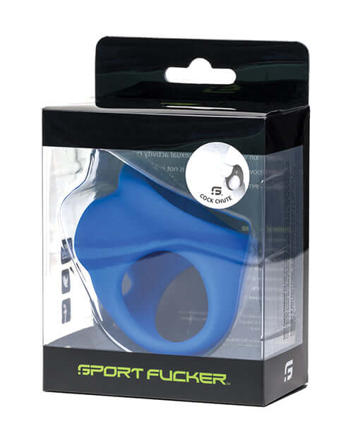 Sport Fucker Cock Chute Silicone Cock Ring Blue in packaging, showcasing its soft silicone design and ball play feature.