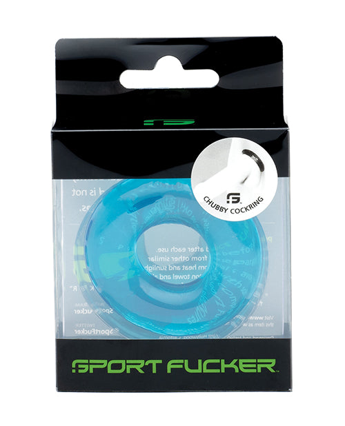 Sport Fucker Chubby Cockring Ice Blue packaging showcasing the stretchy blue cockring designed for comfortable fit.