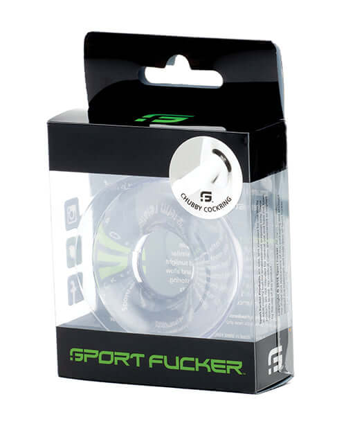 Sport Fucker Chubby Cockring Clear packaging showcasing the stretchy TPE ring inside.