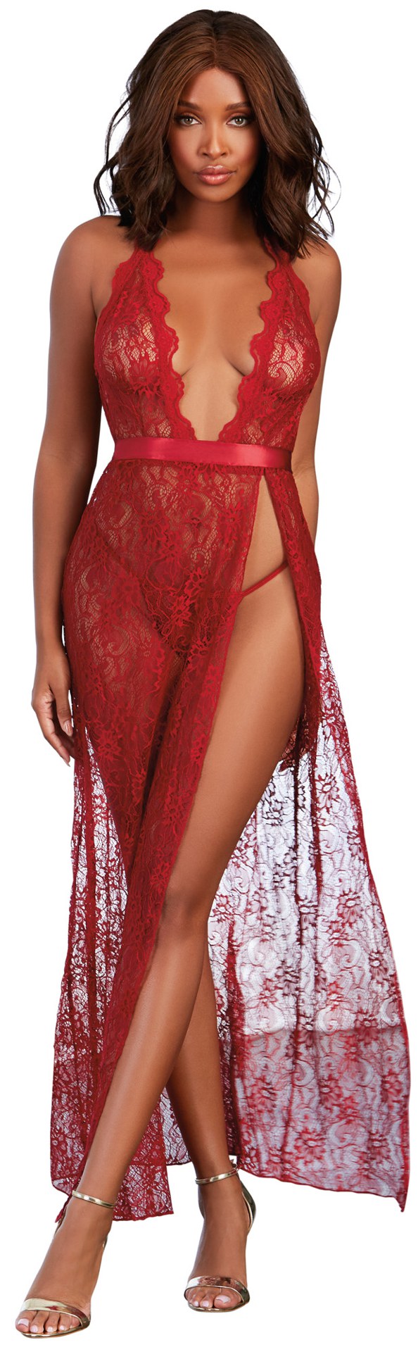 Dreamgirl Lace Gown & G-String Medium Garnet on model, showcasing elegant lace design in rich garnet color.