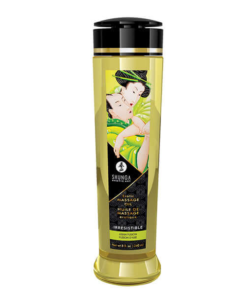 Shunga Massage Oil Irresistible Asian Fruits 8 Oz bottle showcasing enticing design and natural ingredients for indulgent massages.
