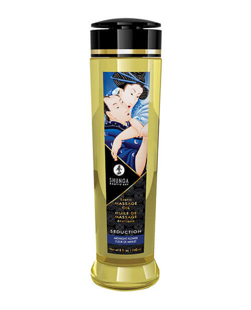 Shunga Massage Oil Seduction Midnight Flower 8 Oz bottle with vibrant label and sleek design for an indulgent massage experience.