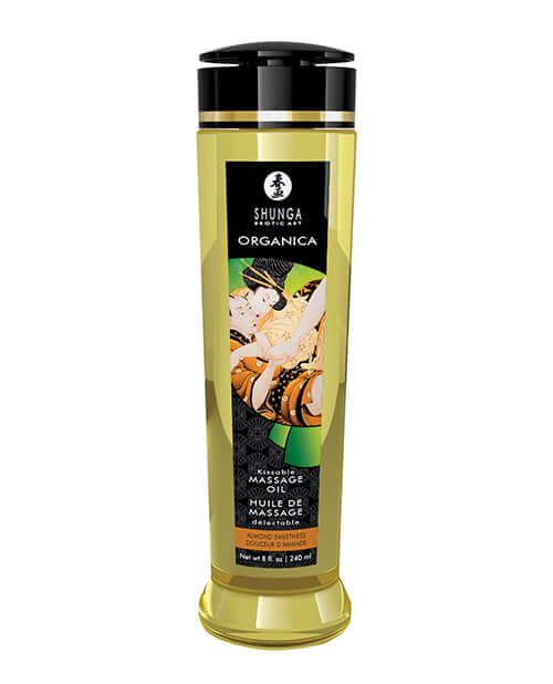 Shunga Organica Massage Oil Almond Sweetness 8 Oz in a sleek yellow bottle for luxurious massage experiences.