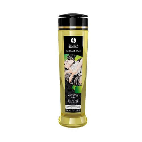 Shunga Organica Massage Oil Natural 8 Oz bottle featuring organic ingredients for a luxurious massage experience.