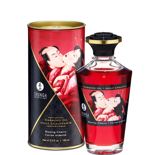 Shunga Warming Massage Oil Blazing Cherry 3.5 Oz packaging with a romantic illustration of a couple kissing.