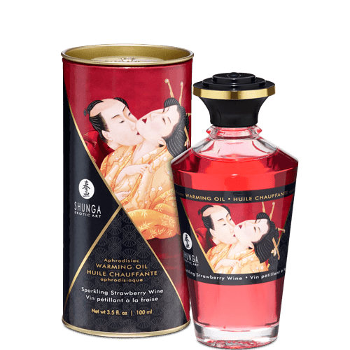 Shunga Warming Massage Oil Sparkling Strawberry Wine 3.5 Oz in elegant packaging, designed for intimate experiences.
