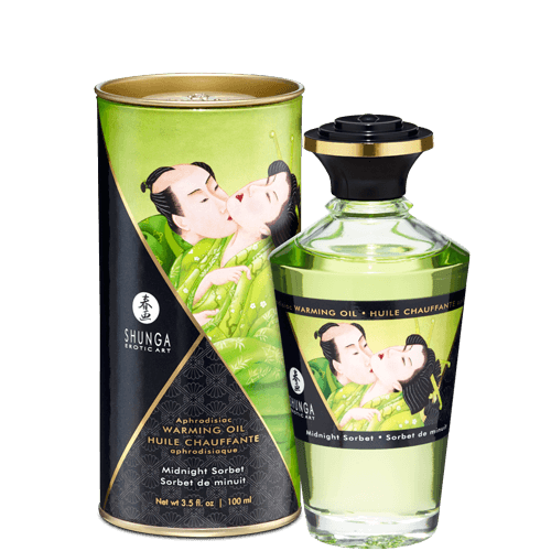Shunga Warming Massage Oil Midnight Sorbet 3.5 Oz in elegant packaging, perfect for enhancing intimate moments.